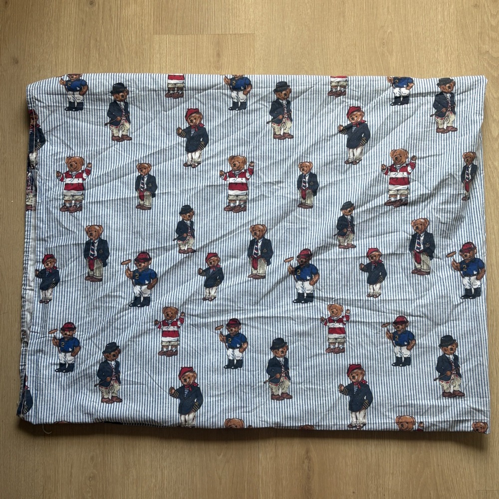 Vintage Ralph Lauren Polo Bear Twin Flat Sheet Blue White Ticking Stripe USA